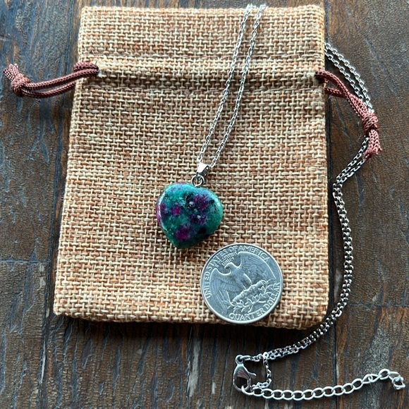 Ruby Zoisite Crystal Heart Necklace Ruby in Zoisite Necklace - Picture 2 of 2